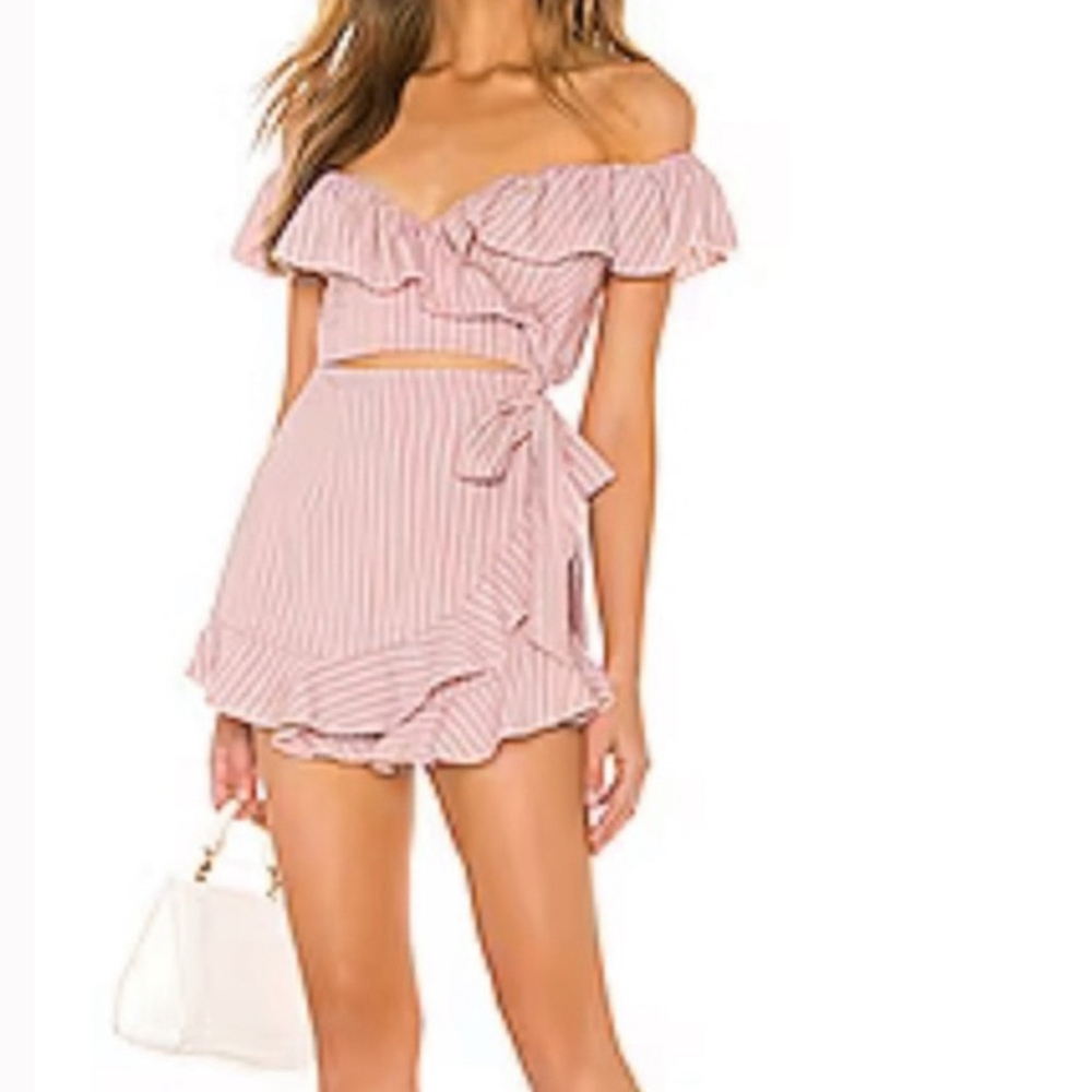 Superdown Pink Off-Shoulder Ruffle Jumpsuit Wrap Tie Romper Stripe